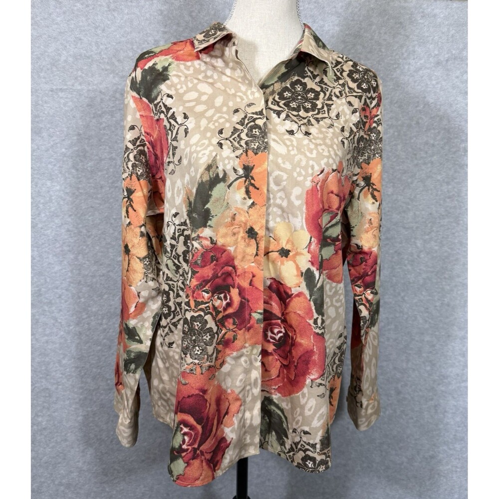 Chico's Button Up Long Sleeve Shirt Womens 3 US 16 Floral Multi Business Artsy